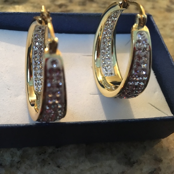 Gold Plated Inside out 4 row Crystal Hoops 1 1/4" - Picture 1 of 3